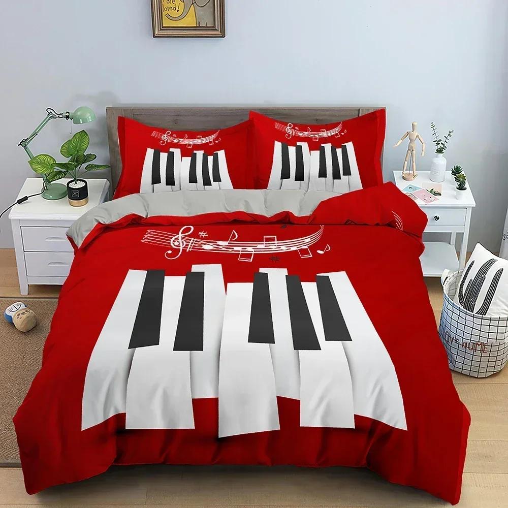 Ensemble de Literie Musical Housse de Couette Motif Clavier de Piano Note de Musique Taille Queen Linge de Lit Couette Microfibre Guitare Polyester Ensembles de Literie