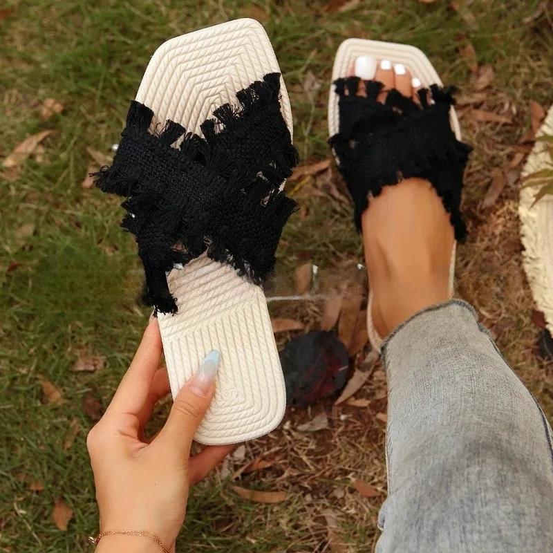 Summer Women Shoes New Bohemian Slippers for Women In Summer Comfortable Beach Sandals with Tassel Open Toe Flat Bottom Sandals