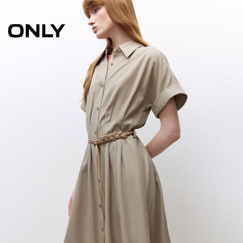 ONLY 2025 Spring Solid Lapel Short Sleeve A-Line Midi Dress