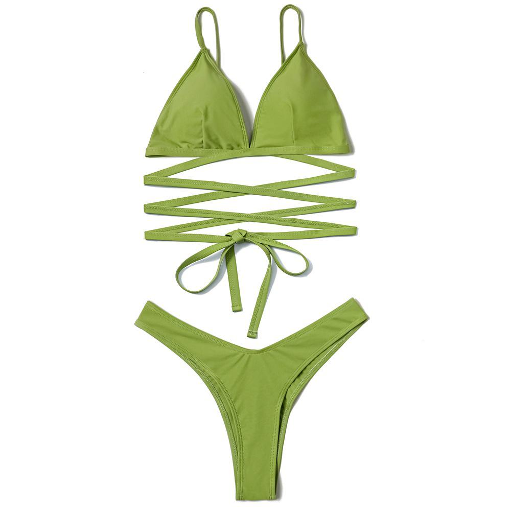 Yi Yong 2024 European & American High Elasticity Solid Color Wrap Tie Bikini Swimsuit
