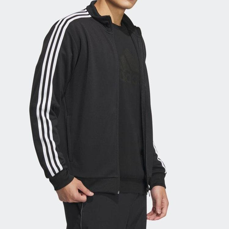 Adidas Color-Block Striped Logo Embroidered Stand Collar Jacket Men Outerwear Black IA9378