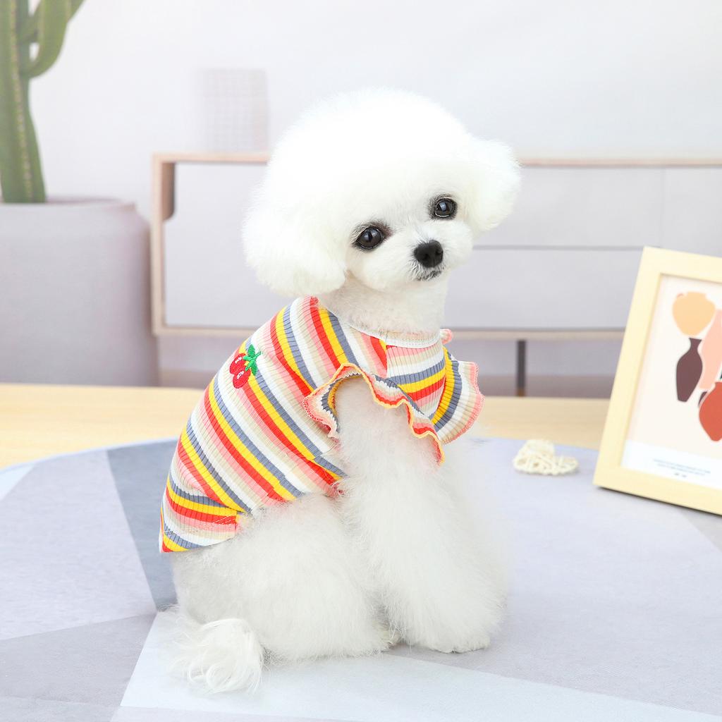 Dog Clothes Summer Thin Small Dog Teddy Princess Dress Suspender Bichon Frize Cat Color Strip Embroidered Cherry