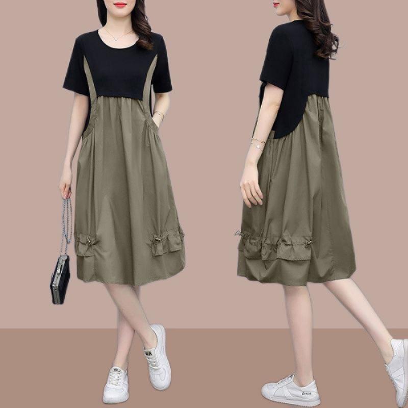 2026 Korean Style Plus Size Loose Midi Dress - Trendy, Stylish, Age-Reducing Summer Two-Piece Look 4XL хаки