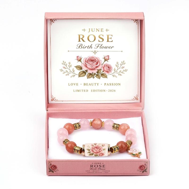 Birth Flower Bracelet Gift Box Beaded Stretch Bracelet Jewelry with Floral Centerpiece for Sentimental Birthday Giving