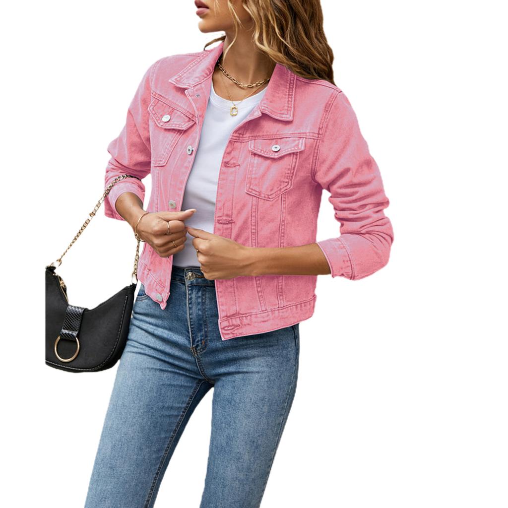 Women's Denim Jackets Fashion Female Casual Long Sleeve Lapel Solid Button Down Chest Pocket Slim Jean Jacket