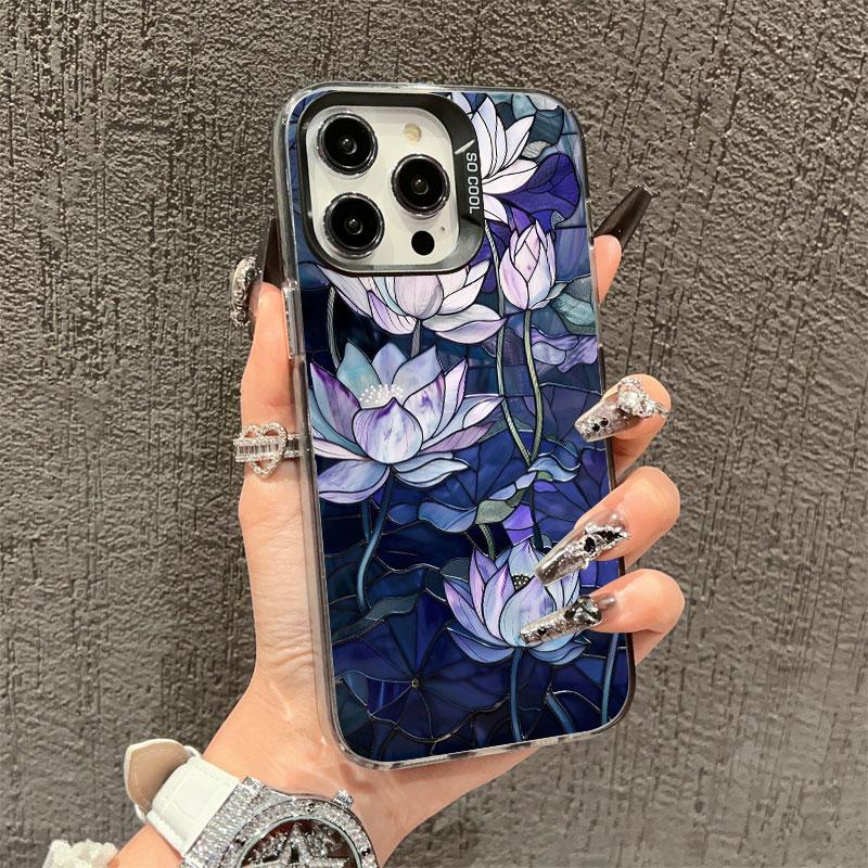 

Stained Glass Style Purple & Blue Lotus Floral Art Print Phone Case for iPhone 17 16 15 14 13 12 11 Series Pro Max Plus iphone 17