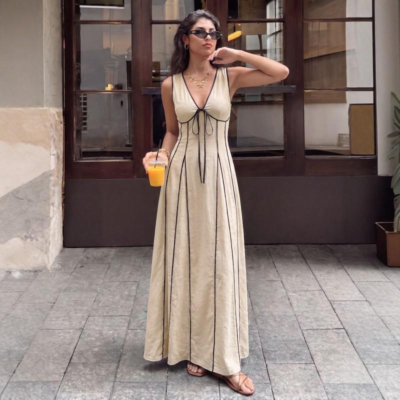 2026 Womens Vintage V-Neck Sleeveless Tie Waist Slim Fit Bodycon Dress Daily Dating Beach Vacation
