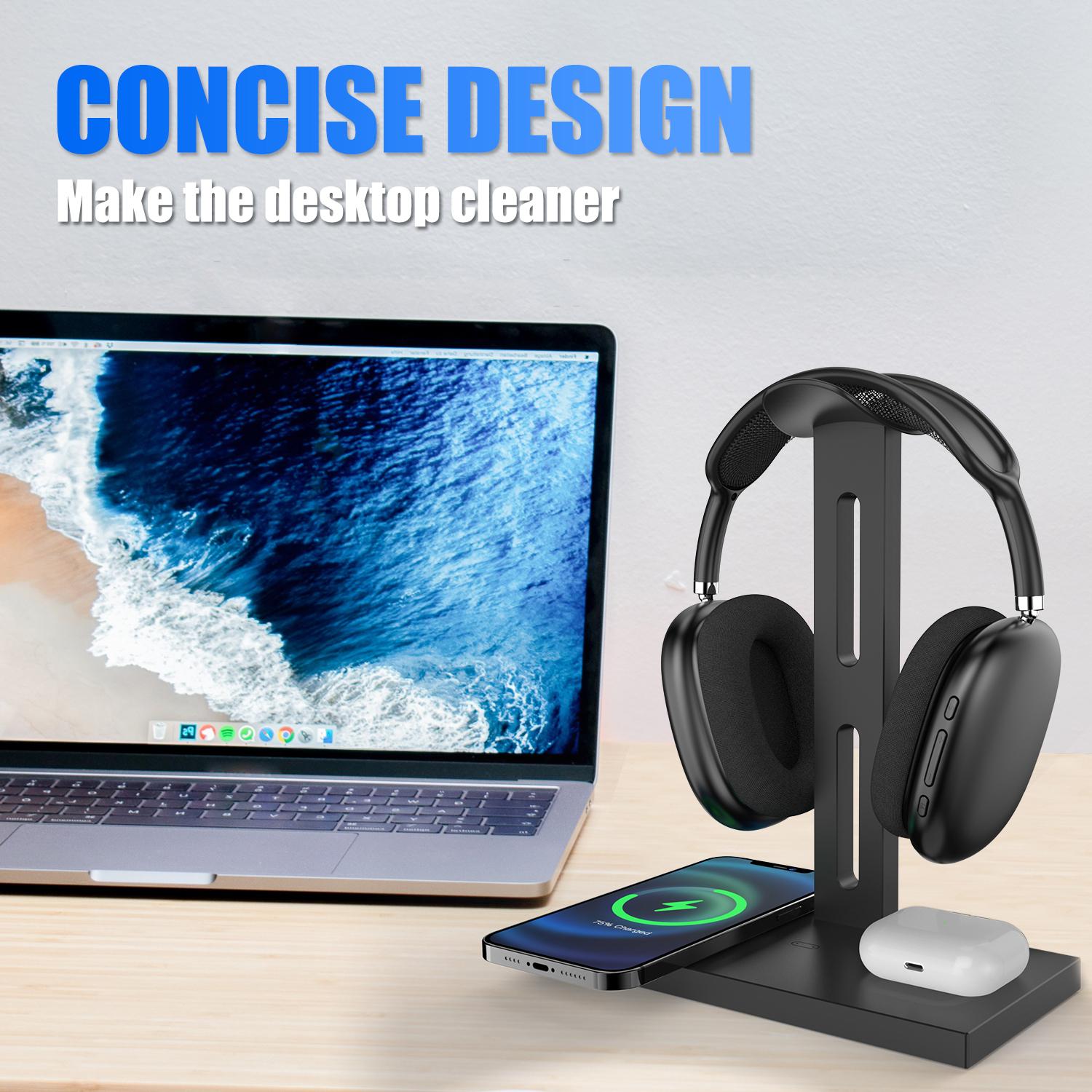 3in1 Wireless Charging Headphones Stand for Airpods Max Desktop Gaming Headset Bracket Charging Base for Phone Bluetooth Earphon nero