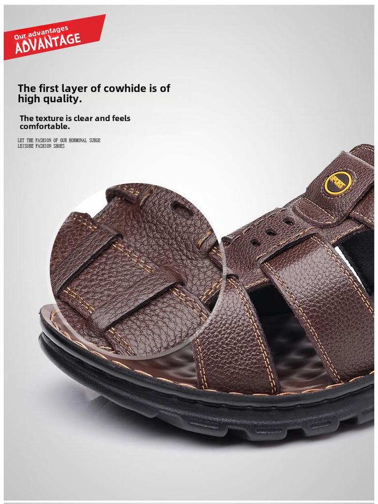 Men's Genuine Leather Non-Slip Beach Sandals - Casual, Breathable, Versatile Summer Shoes for Middle-Aged and Elderly.