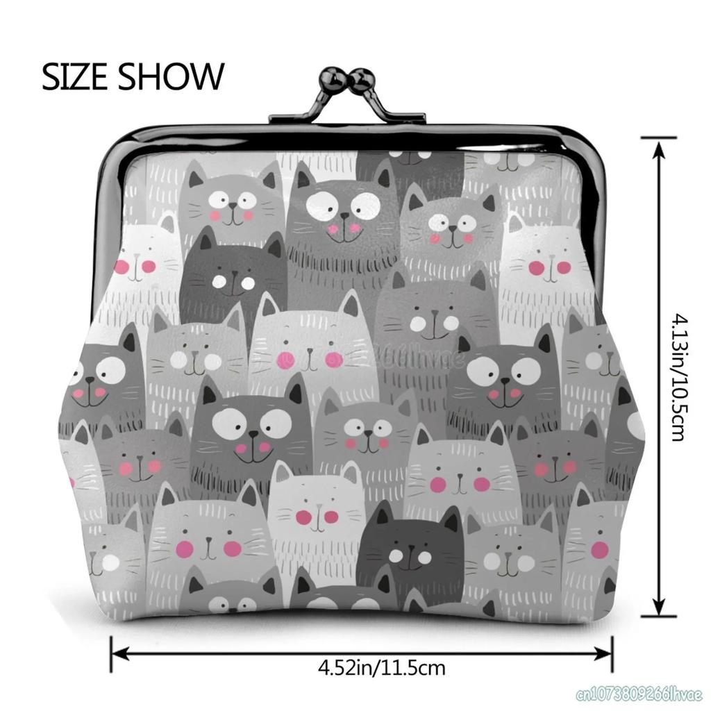 Cute Cartoon Cats Women's Leather Coin Purse Small Change Pouch with Kiss-Lock Clasp Closure Buckle Wallet for Girl Gift