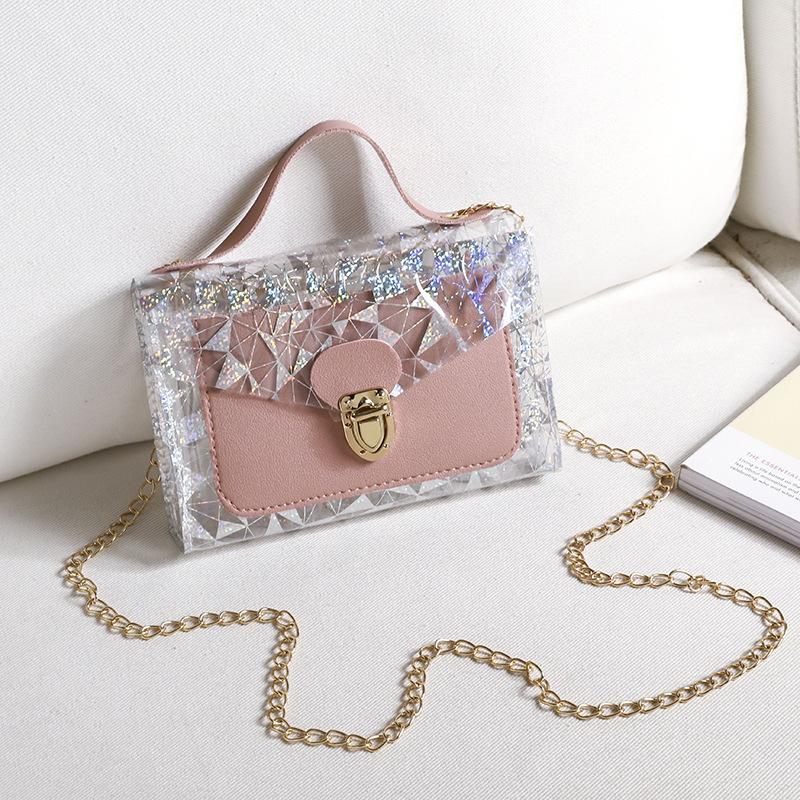 Women's bag summer film floral transparent jelly contrasting color chain lock mobile phone bag single shoulder oblique span portable