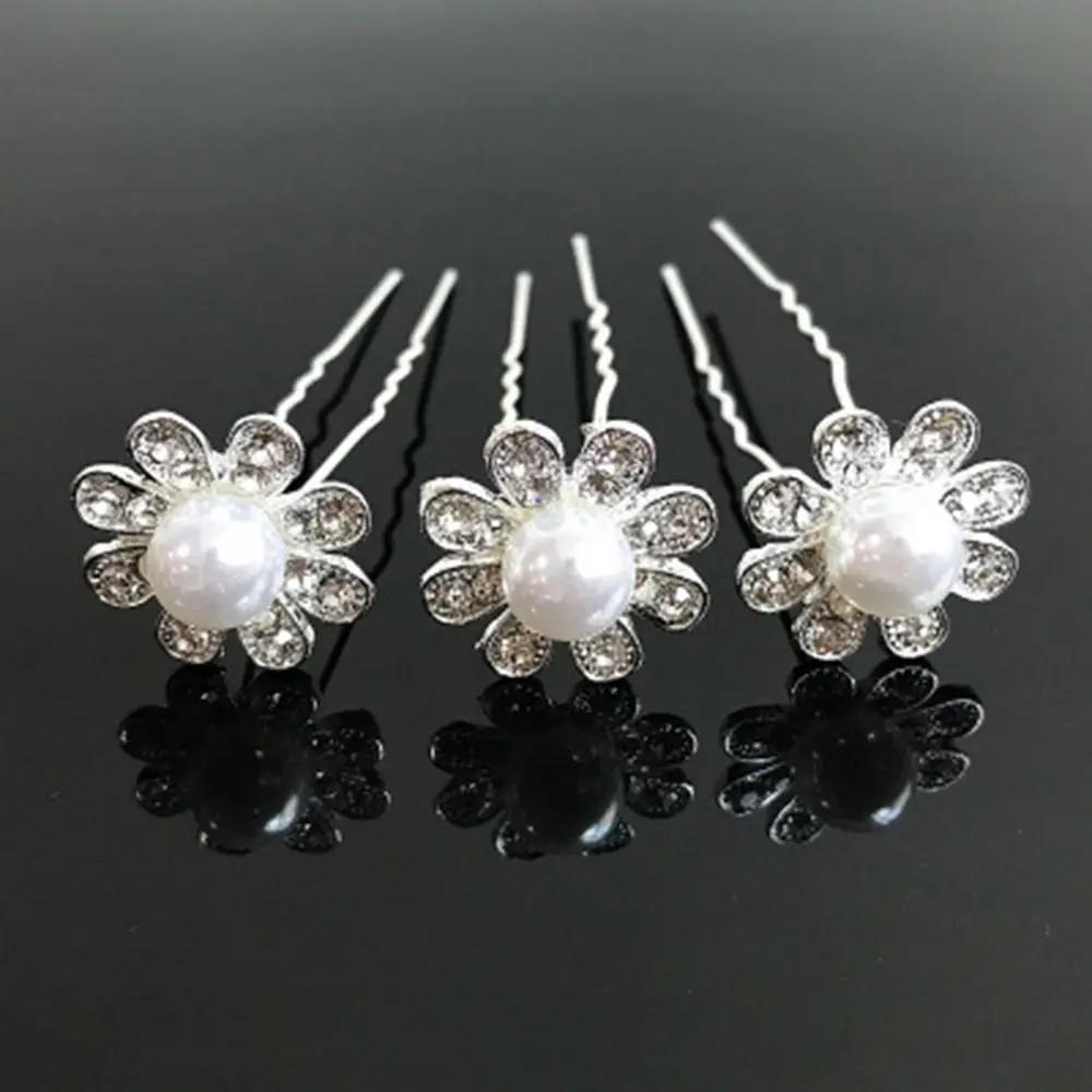 5Pcs Fashion Metal Pearl Flower Hairpin Stick Headwear U-shaped Rhinestone Hair Clip Headdress Bridal Hairpin Wedding