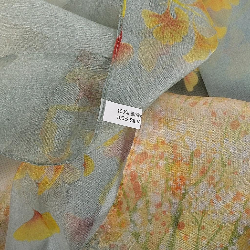 [BYSIFA] Women Chiffon Pure Silk Scarf Cherry Blossom Floral Design Long 100% Silk Shawl Scarf Purple Pink Silk Scarves Echarpes