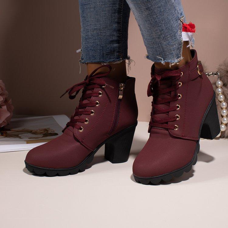 

Thick-soled thick-heeled small short boots 2025 autumn and winter British style lace-up black Martin boots European and American large-size women s 42 бордовий