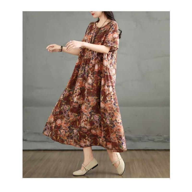 Summer Retro Cotton and Linen Round Neck Short Sleeved Dress, Women's Loose Skirt
