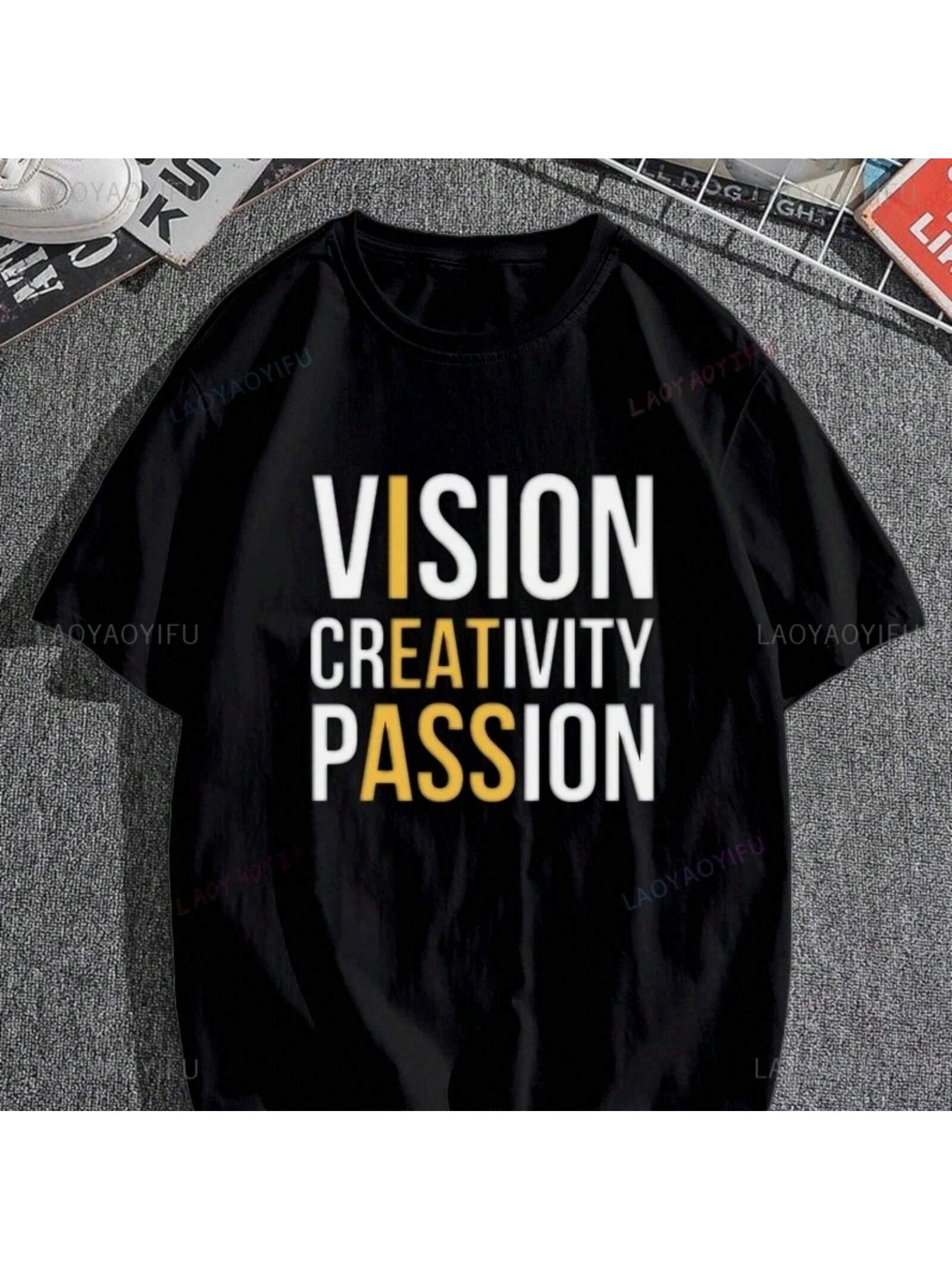 VISION CREATIVITY PASSION, Patterned Printed T-Shirt, Unisex Casual Streetwear, Cotton Loose Crew Neck T-Shirt S разноцветный