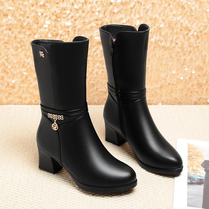 Women's Mid-calf Boots, Women's Boots, Middle-aged Cotton Boots, Soft-soled Fleece-lined Leather Shoes, Autumn and Winter Boots