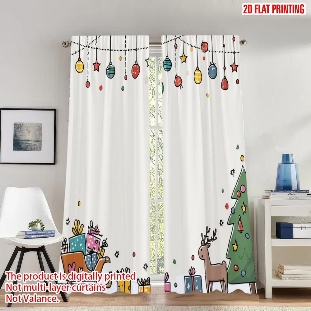 

Set Of 2 Flat Printing High Quality Christmas Curtains Ornament Star Sleigh Reindeer Digital Printed Polyester Drapes Made W100*H70(CM)-Hooks&2PCS