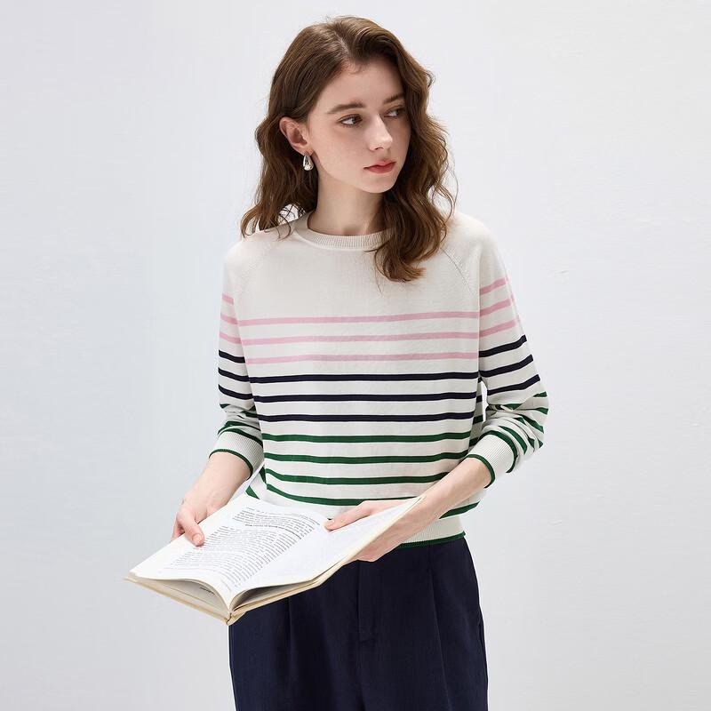 Women's Striped Mulberry Silk Blend Long Sleeve Knit Top
