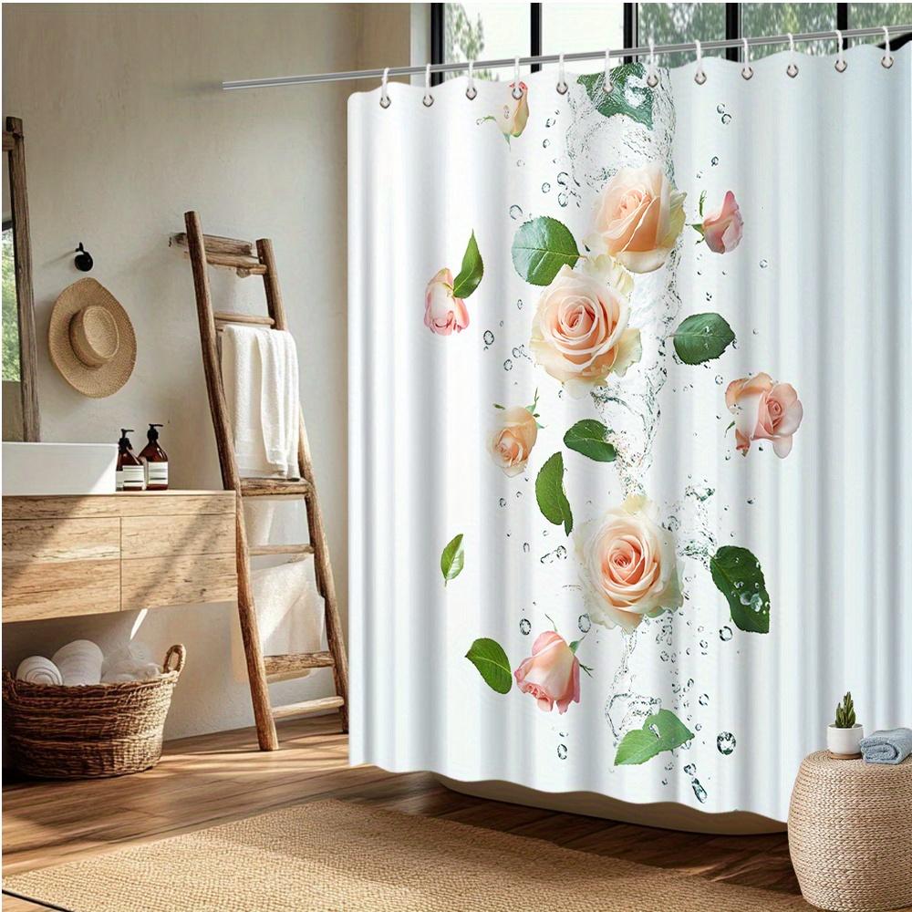 Elegant Pink Roses & Green Leaves Shower Curtain, Water Splash Design, Fade-Resistant Polyester, Bath Decor