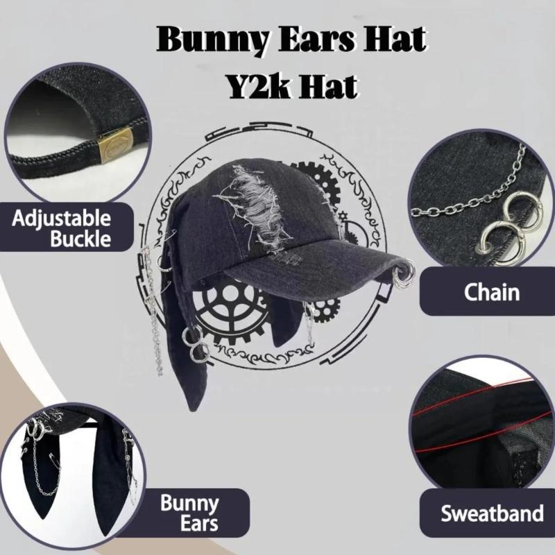 1PCS Distressed Design Baseball Caps Gothic Y2K Grunge Style Baseball Cap with Bunny Hat Chains for Men Women Fashion Decoration