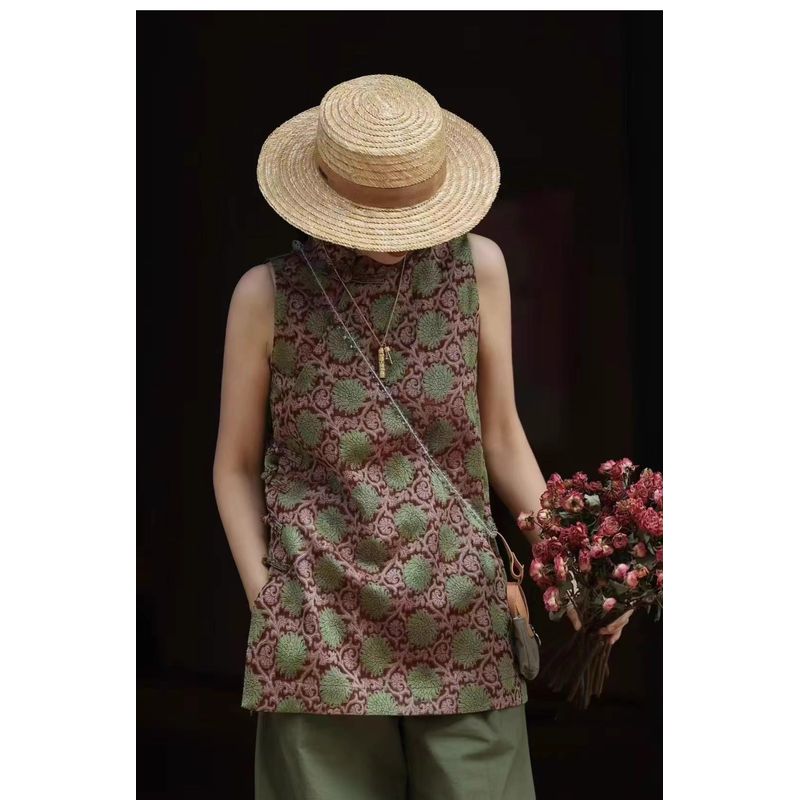 

New Chinese Style Vest Dress for Women European Goods 2025 New Arrival Summer Buckle Retro Tops Sleeveless Cheongsam Dress Curry L