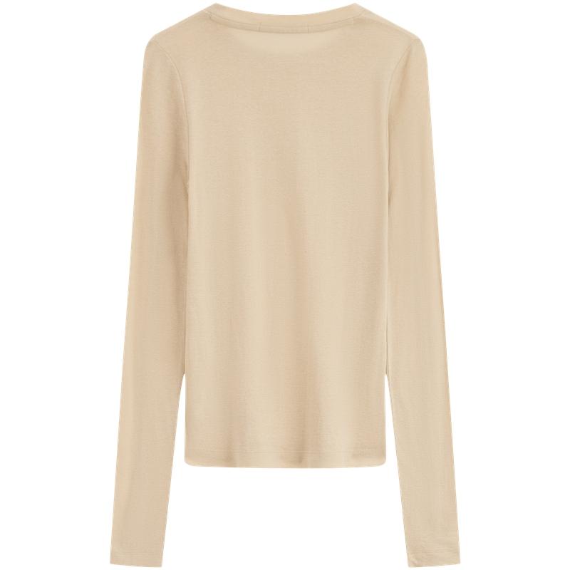 Calvin Klein Casual Sexy Comfortable Sheer Cotton Long Sleeve T-Shirt Women tops Khaki J224335