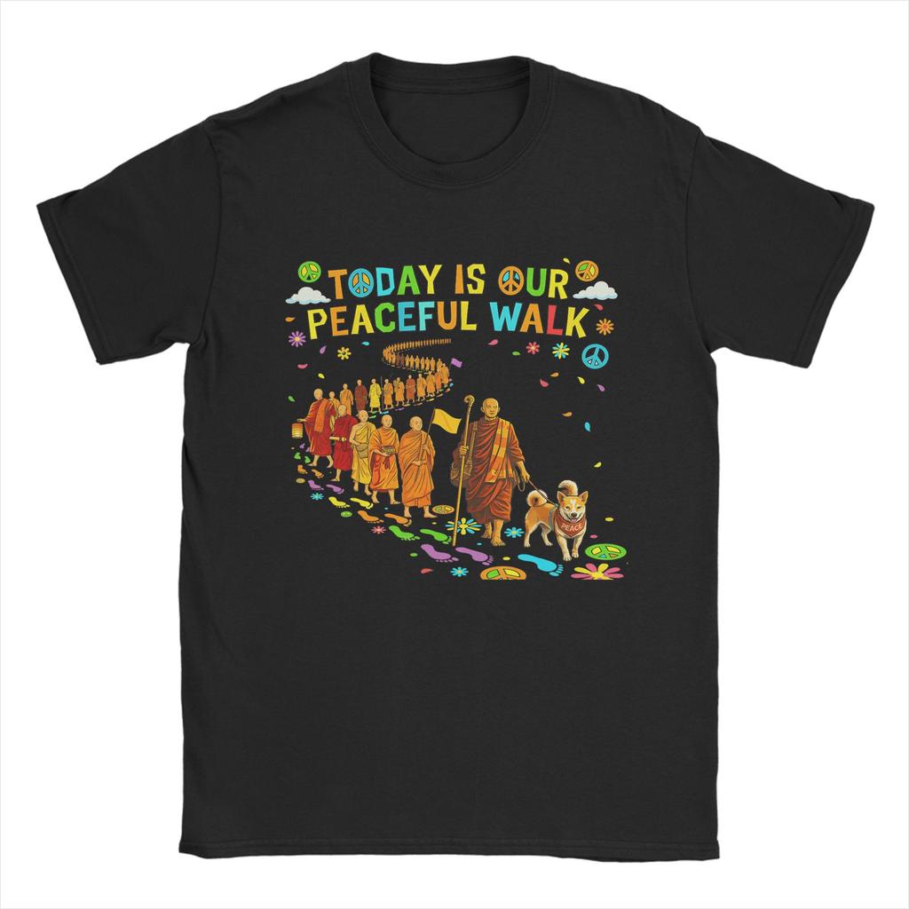 Walk for Peace Buddhist Monks Inspirational Journey TShirts for Men  Vintage  Cotton Tees Round Collar Short Sleeve T Shirt