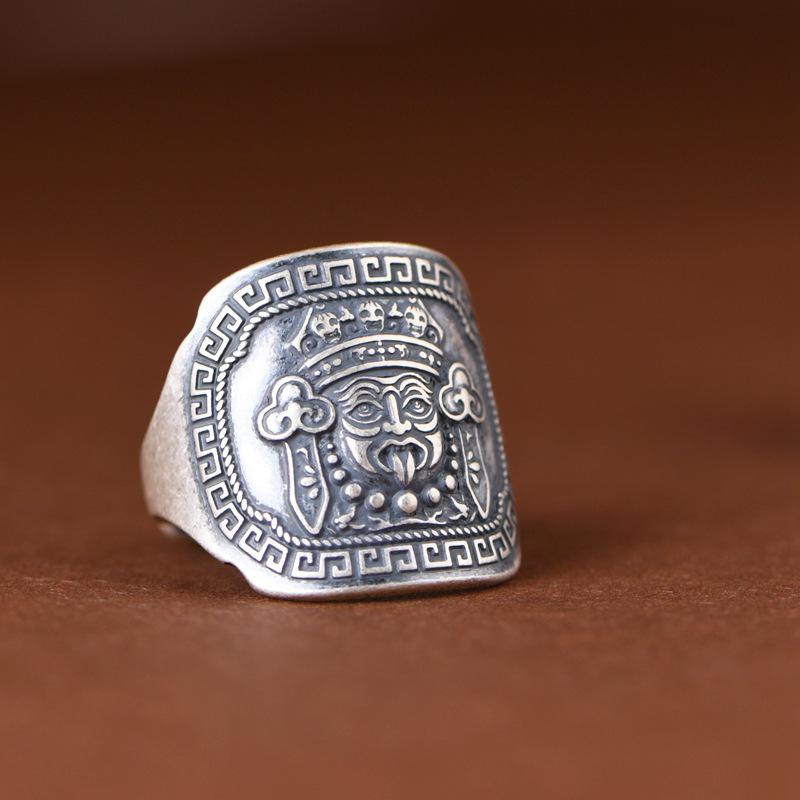 Retro Thai Silver Wide Band Wealth God Open Ring for Men and Women