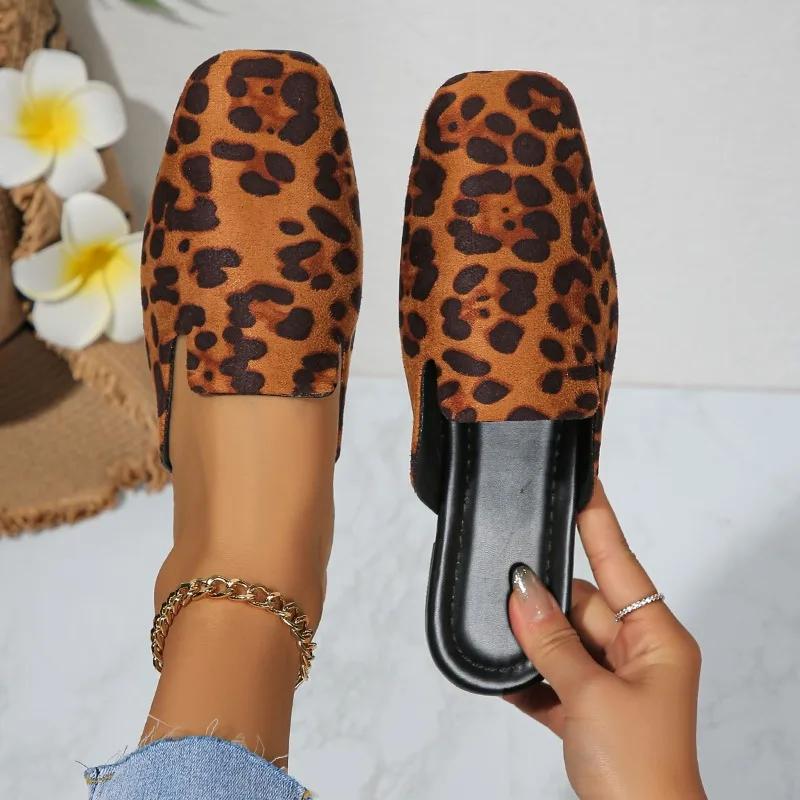 Fashion Leopard Women Mules Shoes Slippers Flats Suede Summer Square Toe Designer Outdoor Slingback Sandals Zapatos Mujer Slides