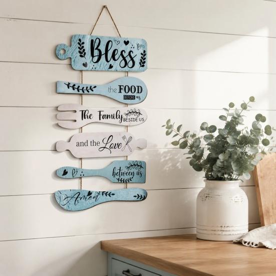 Wooden Kitchen Quote Sign Rustic Hanging for Wall Decor, Cutlery Design Home Art with Inspirational Family Slogan & Lanyard Farmhouse Decoration Solid