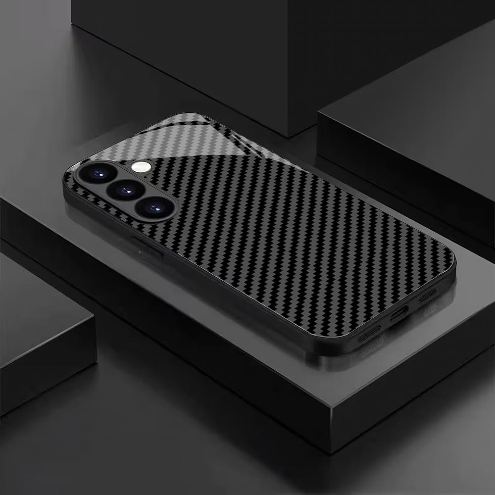 Black textured tempered glass phone case suitable for Samsung Galaxy S26 S25 S24 S23 S22 S20 FE/Ultra/Plus anti drop back cover