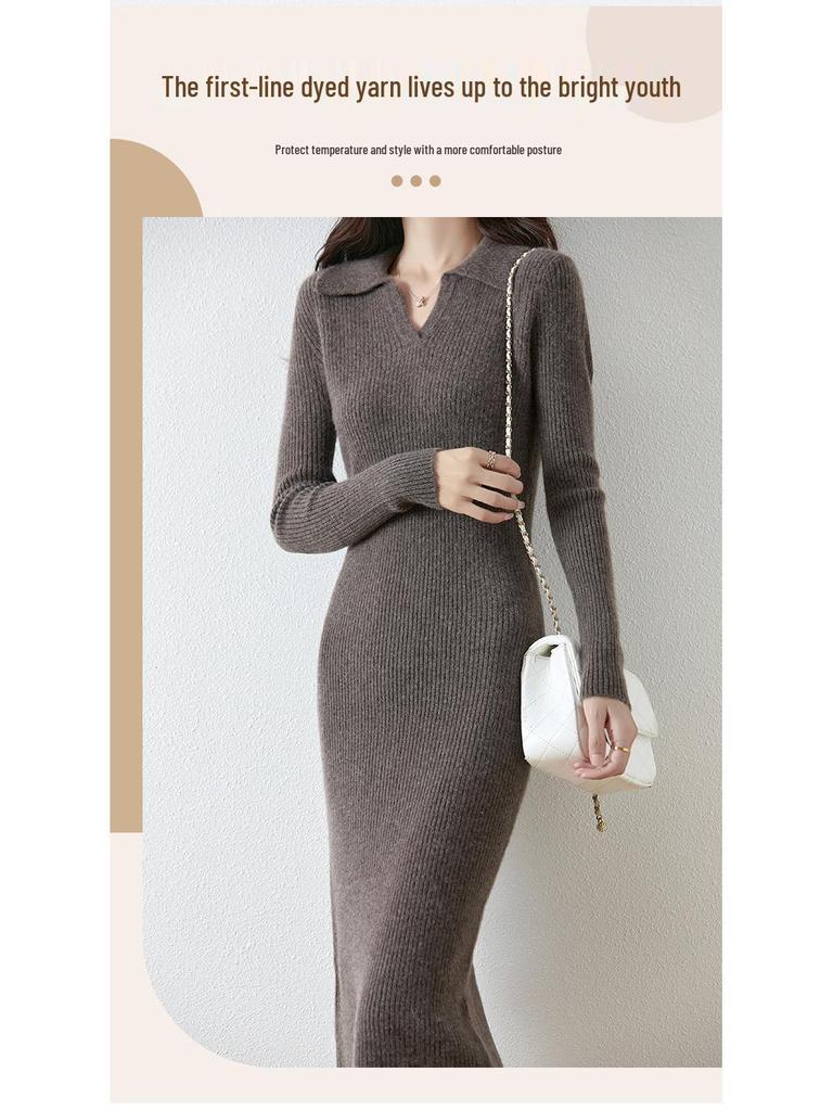 Autumn/Winter Wool Turn-Down Collar Slim-Fit Knitted Dress with Over-the-Knee Slit and Coat Set