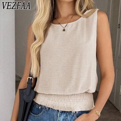 Camicette e camicie senza maniche con scollo a O con stampa tinta unita primavera estate moda casual da donna