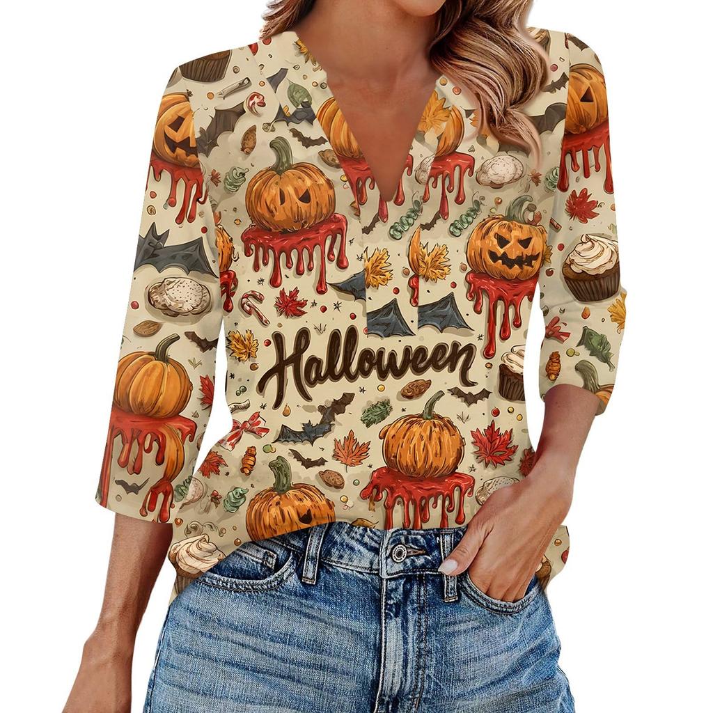 Women's Fashion Casual Lapel 3/4 Sleeve Halloween Print Shirt Women's V-Neck Tops