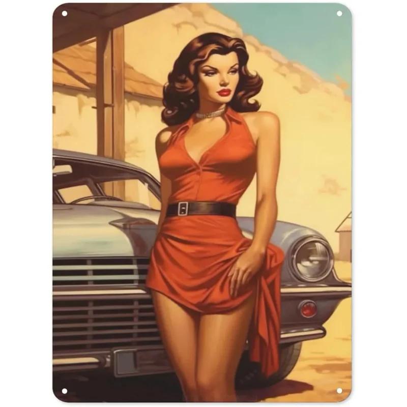 Pinup car model metal tin signs sexy girls wall plaque vintage iron painting decoration for Home Cafe Game Room club bar