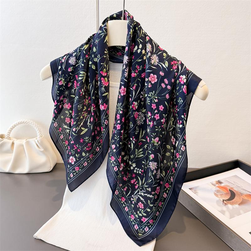 Pastoral Floral Print Square Scarf Imitation Silk Shawl Sun Protection High-end Neck Tie Small Square Scarf Headscarf Women's
