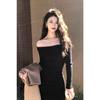 Hepburn light luxury celebrity high-end sense long-sleeved simple one-word shoulder royal sister dress slim and thin temperament Muse Fan