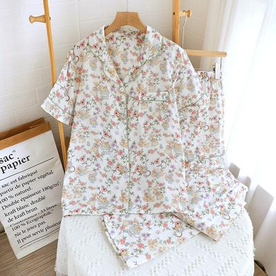 2026 Neues Sommer-Damen-Pyjama-Set 100% Baumwoll-Musselin Kurzarm+Shorts+Hose 3-teilig Süß und Lieblich Großes Heimtextilien-Set