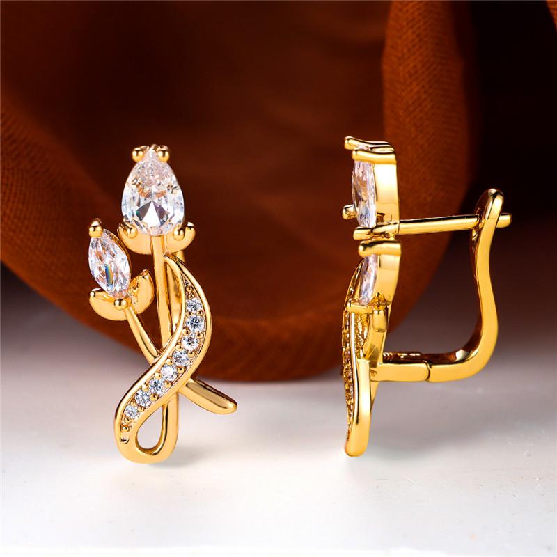 Luxury Female White Zircon Stone Flower Clip Earrings Yellow Gold Color Wedding Jewelry For Women