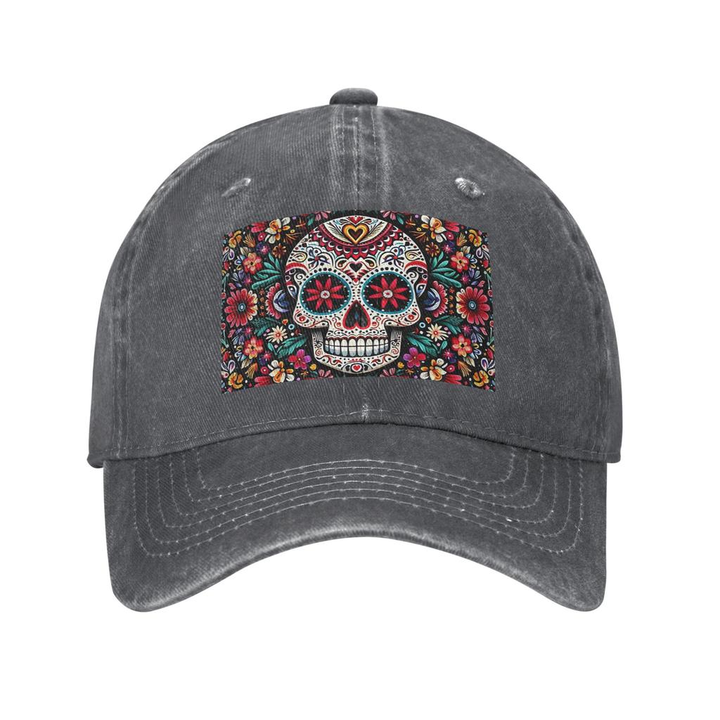 Mexican Sugar Skulls And Flowers Washed Denim Cap Casual Baseball Caps Adjustable Hat Summer Unisex Baseball Hats
