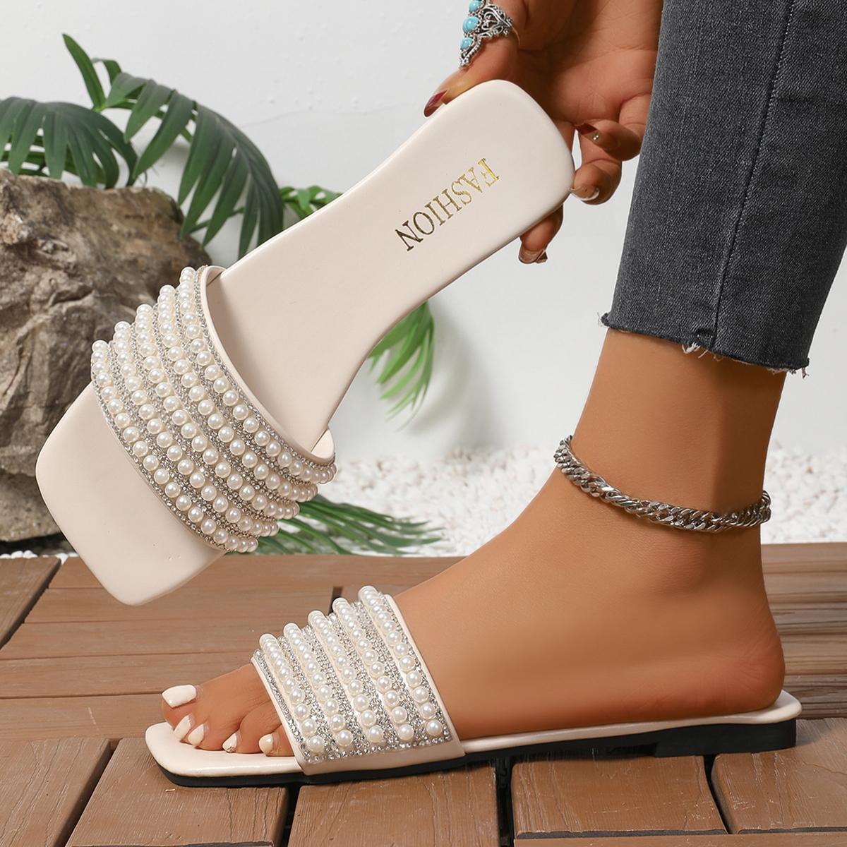 

Fashion Luxury Pearl Bead Strap Slippers Women Summer Elegant Square Toe Flat Heel Slip On Sandals Fashion Silver Glitter Beach Slides 35 белый