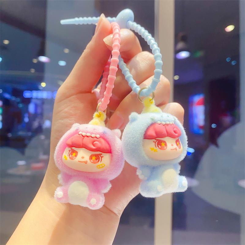 Creative Flocking Sitting Position Girl Tide Play Cute Doll DIY Keychain Schoolbag Pendant Keychain Pendant