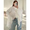 European and American New Chiffon Design Round Neck Bell Sleeve Frill Shirts Lotus Leaf Lace Shirt