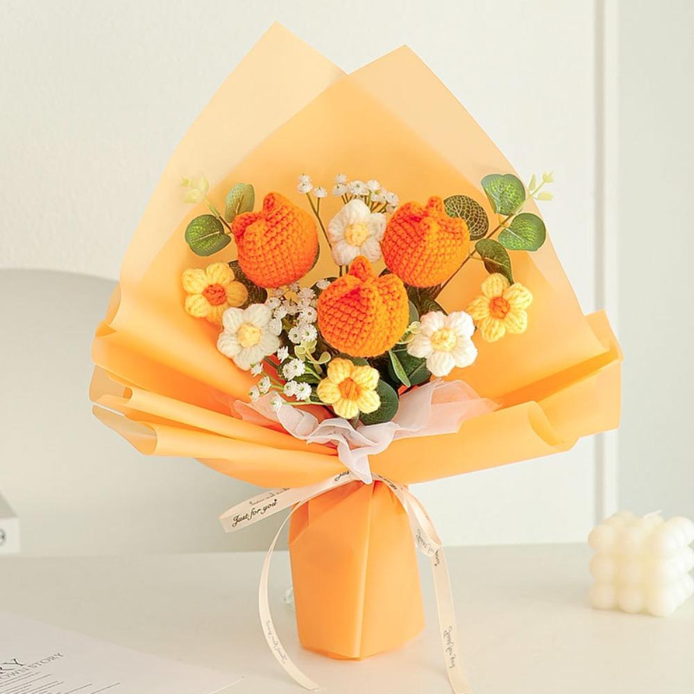 New Cotton Crochet Bouquet Sunflower Rose Woven Knitted Flower DIY Handmade Artificial Handmade Woven Bouquet Graduation Gifts