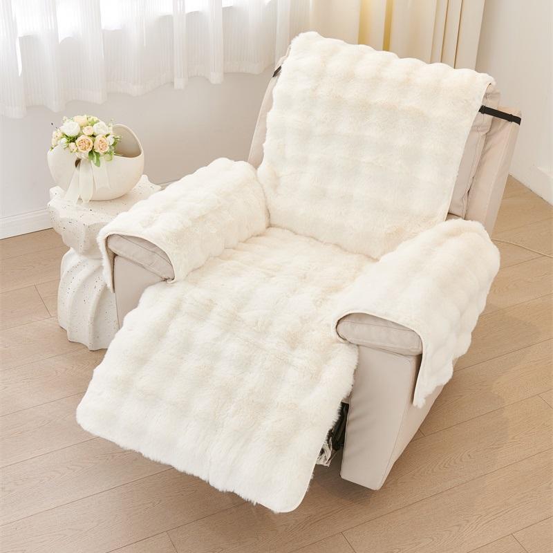 1 Seater Soft Warm Recliner Sofa Cover Non-Slip Rabbit Plush Armchair Cover Solid Color Single Sofa Slipcover for Living Room