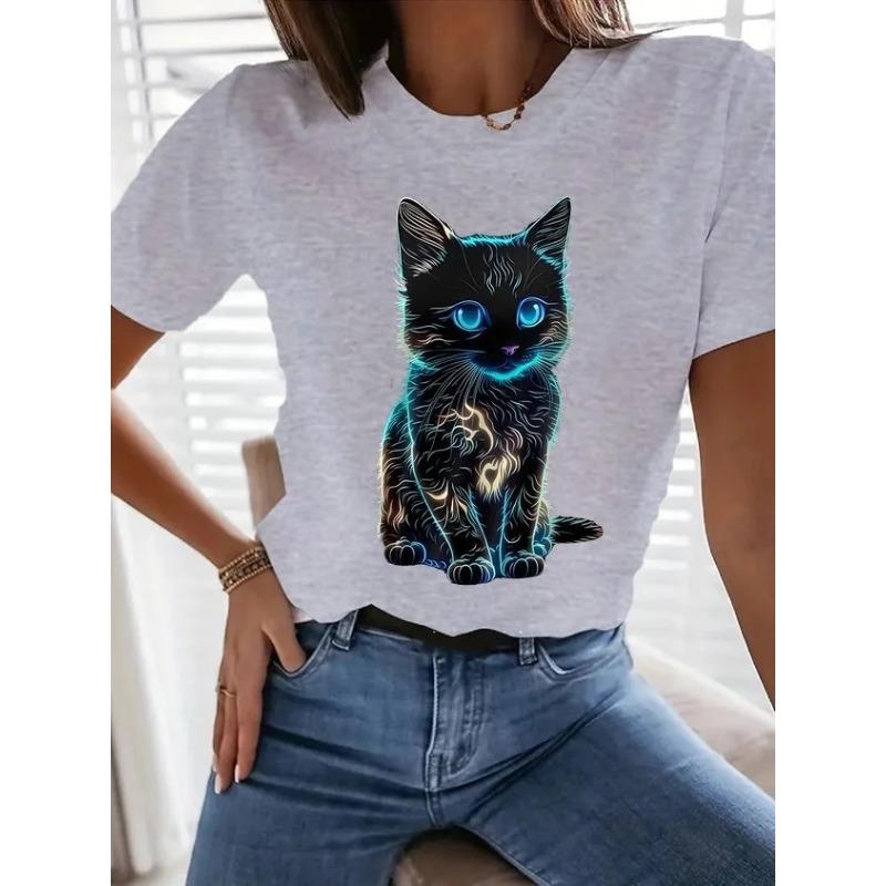Letnie T-shirty damskie z okrągłym dekoltem i modnym nadrukiem 3D kota z krótkim rękawem
