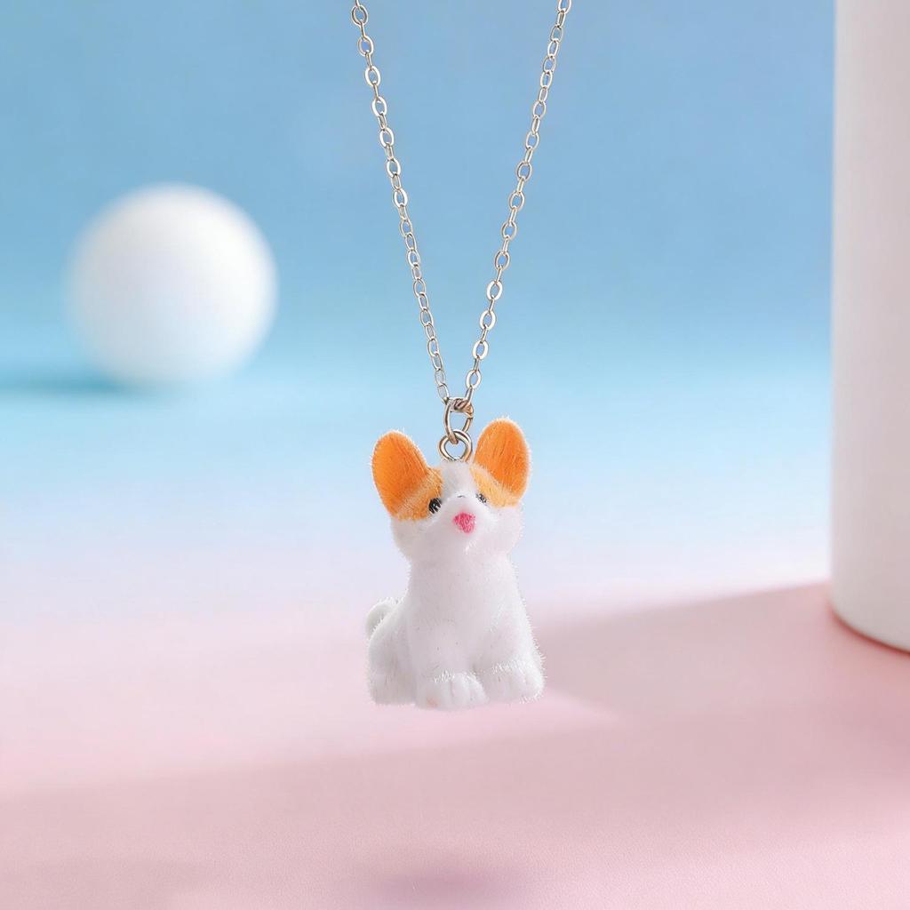 Cute 3D Flocked Resin Pendant Necklace - Dog, Panda, Rabbit Designs for Women