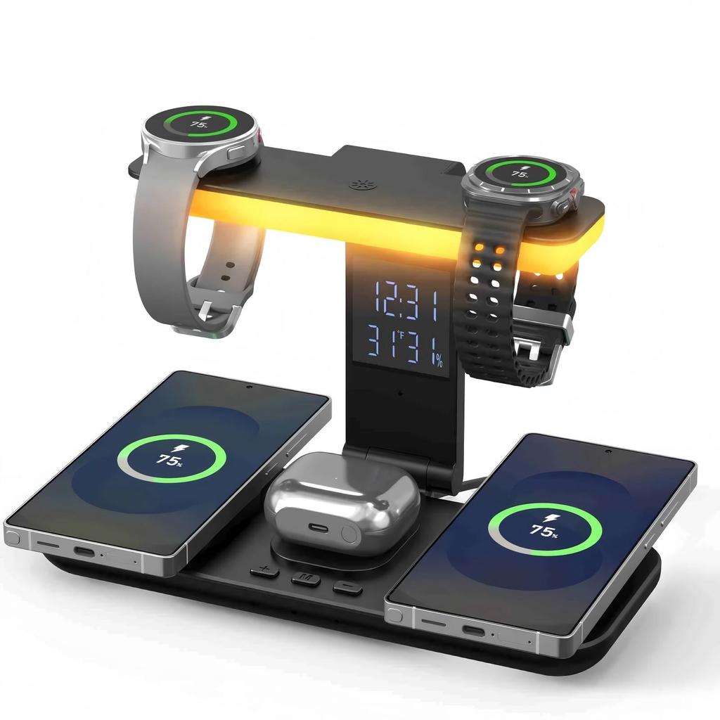 7 In 1 Dual Magnetic Wireless Charging Station for Samsung Foldable Charger with Clock LED Night Light