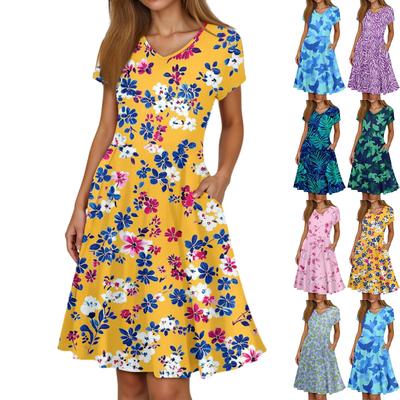 Ladies Summer Fashion Casual Floral Print V-Neck Short Sleeve Pocket Dress